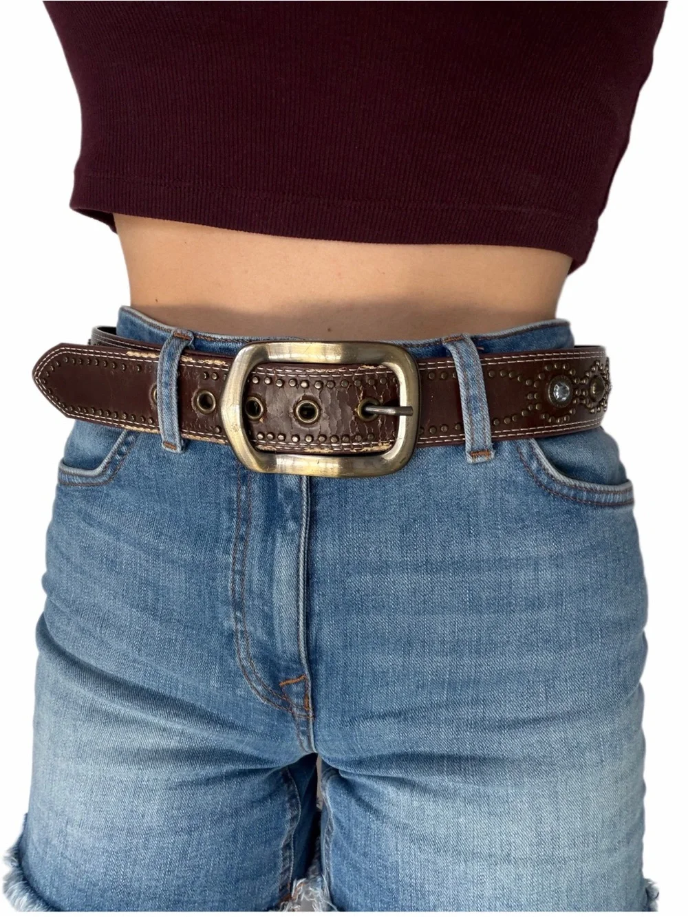 Vintage Sonoma Brown Studded Leather Belt with Antiqued Buckle